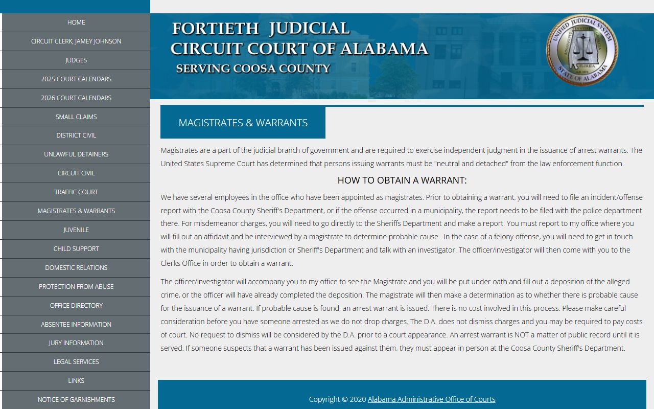 Coosa County warrants and arrest records magistrate page