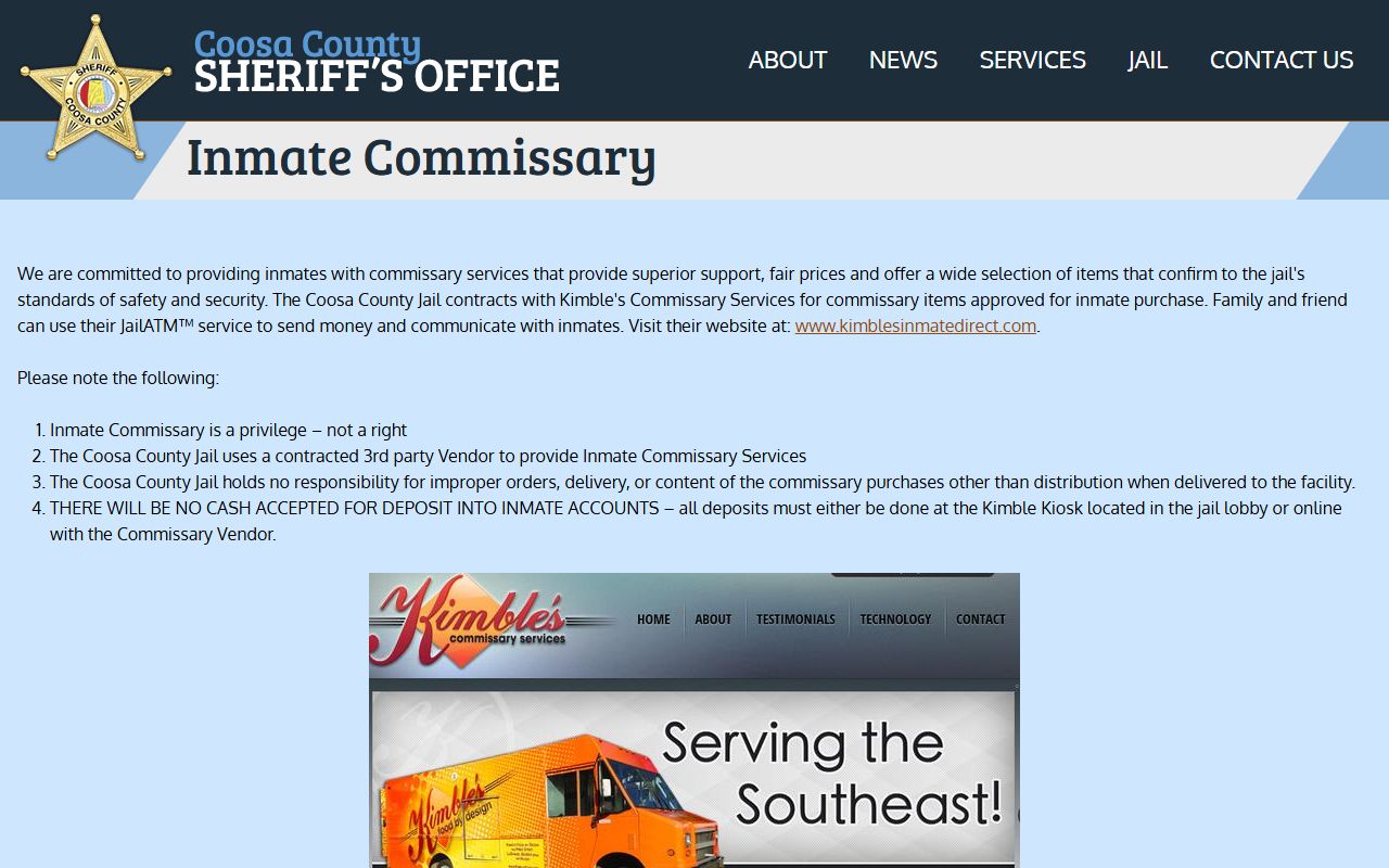 Coosa County Jail commissary and inmate money deposit rules