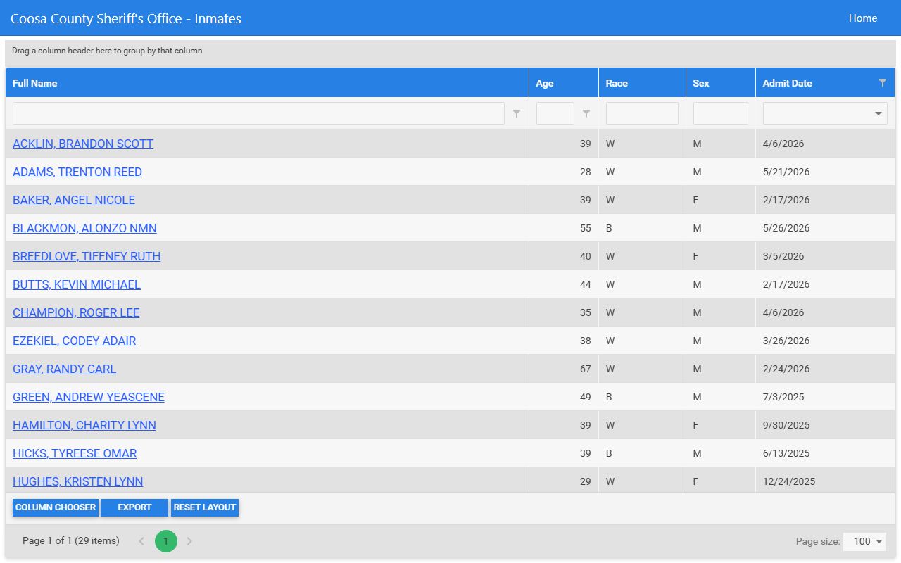 Coosa County jail roster current inmate records grid