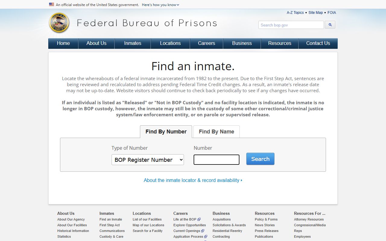 Coosa County inmate population federal BOP inmate locator search page
